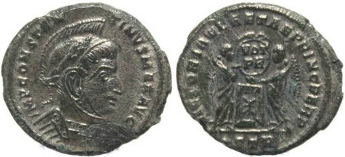 Ancient Roman silvered coin of Constantine I - VICTORIAE LAETAE PRINC PERP - Treveri Mint