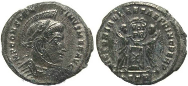 Ancient Roman silvered coin of Constantine I - VICTORIAE LAETAE PRINC PERP - Treveri Mint