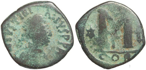 Ancient Byzantine Coin of Justinian AE30 follis minted in Constantinople