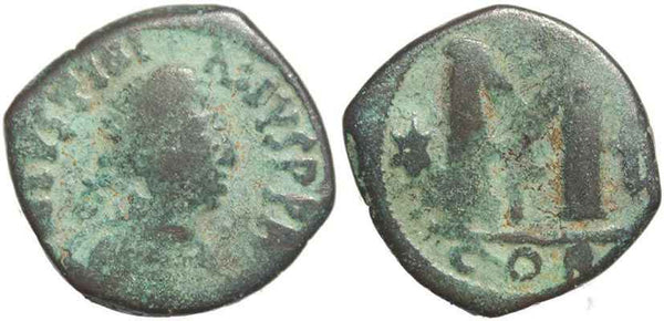 Ancient Byzantine Coin of Justinian AE30 follis minted in Constantinople