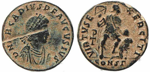 Roman coin of Arcadius Ae2 - VIRTVS EXERCITI - Constantinople Mint