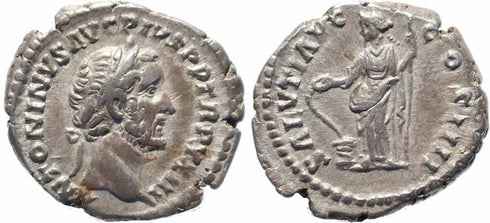 Roman coin of Antoninus Pius AR silver denarius - SALVTI AVG COS IIII