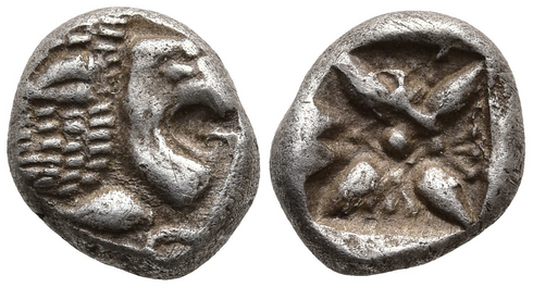 Ancient Greek coin from Ionia, Miletos. Late 6th early 4th Century BC. AR Diobol