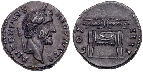 EF Roman silver denarius of Antoninus Pius - Thunderbolt on draped throne