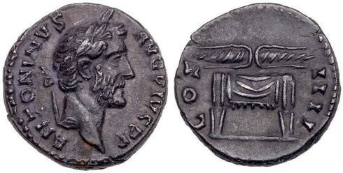 EF Roman silver denarius of Antoninus Pius - Thunderbolt on draped throne