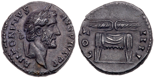 EF Roman silver denarius of Antoninus Pius - Thunderbolt on draped throne