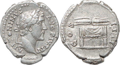 Roman silver denarius of Antoninus Pius - Thunderbolt on draped throne