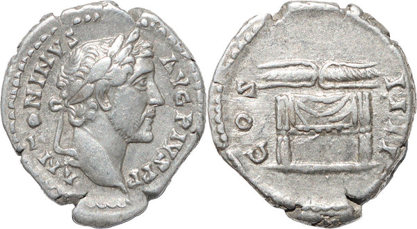 Roman silver denarius of Antoninus Pius - Thunderbolt on draped throne