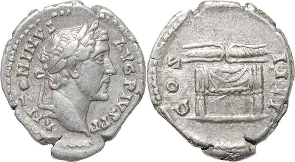 Roman silver denarius of Antoninus Pius - Thunderbolt on draped throne