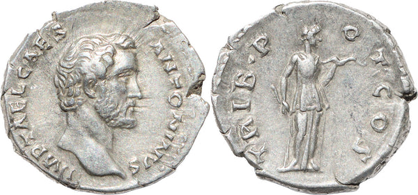 Roman silver denarius of Antoninus Pius - TRIB POT COS - VF+