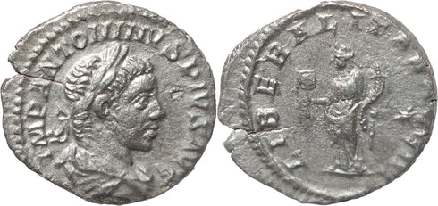 Roman silver denarius of Elagabalus - LIBERALITAS AVG III
