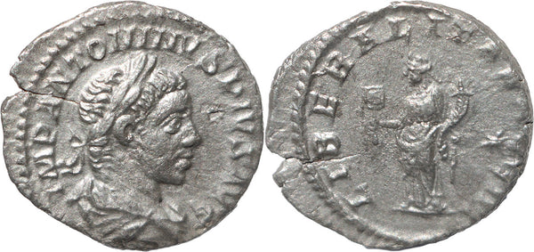 Roman silver denarius of Elagabalus - LIBERALITAS AVG III