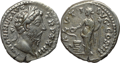 Roman coin of Marcus Aurelius AR silver denarius - SALVTI AVG COS III
