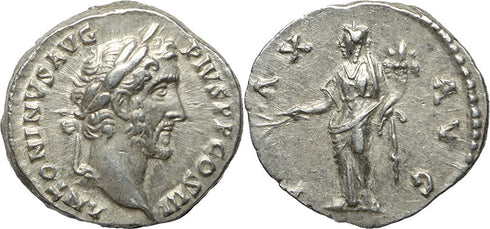 Roman silver denarius of Antoninus Pius - PAX AVG