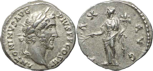 Roman silver denarius of Antoninus Pius - PAX AVG