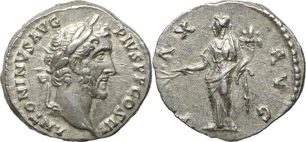 Roman silver denarius of Antoninus Pius - PAX AVG