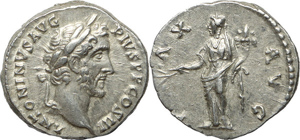 Roman silver denarius of Antoninus Pius - PAX AVG