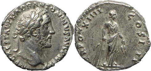 Roman silver denarius of Antoninus Pius - TR POT XIIII COS IIII