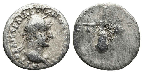 Ancient Roman silver coin of the Emperor Hadrian minted in Caesaria, Cappadocia