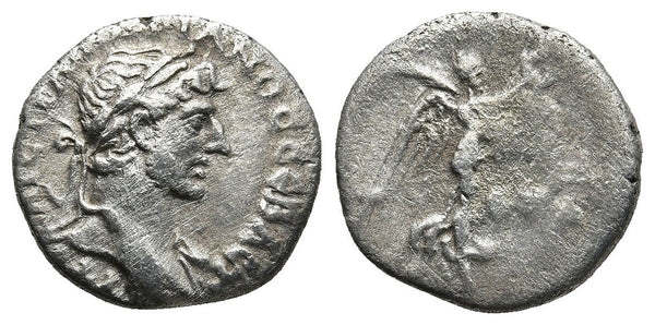 Ancient Roman silver coin of the Emperor Hadrian minted in Caesaria, Cappadocia