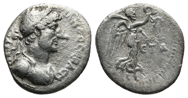 Ancient Roman silver coin of the Emperor Hadrian minted in Caesaria, Cappadocia