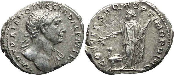 Ancient Roman silver coin of Trajan - COS V PP SPQR OPTIMO PRINC