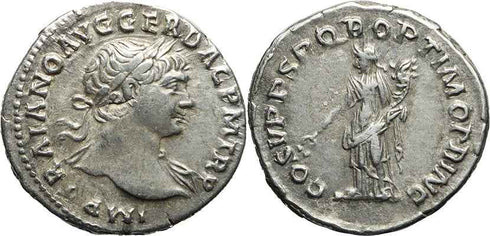 Ancient Roman silver coin of Trajan - COS V PP SPQR OPTIMO PRINC