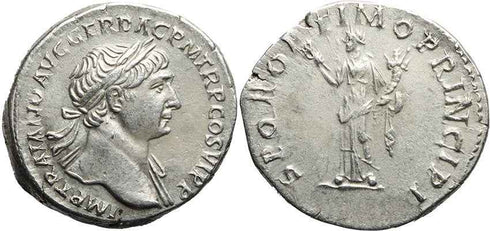 Ancient Roman silver coin of Trajan - SPQR OPTIMO PRINCIPI