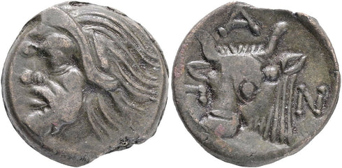 Ancient Greek coin from Pantikapaion, Cimmerian Bosporos - Satyr and Bull 325-310 BC