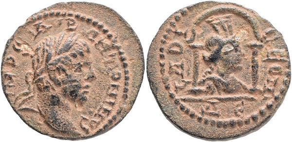 Ancient Roman coin of the Emperor Elagabalus - Tyche and Shrine