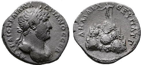 Ancient Roman silver coin of the Emperor Hadrian minted in Caesaria, Cappadocia