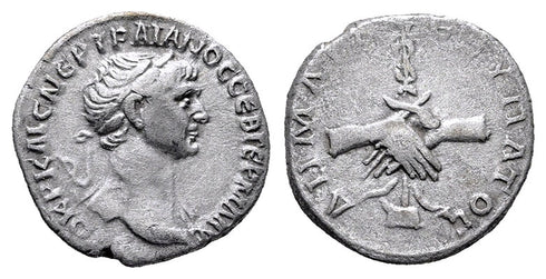 Ancient Roman silver coin of Trajan minted in Caesaria, Cappadocia