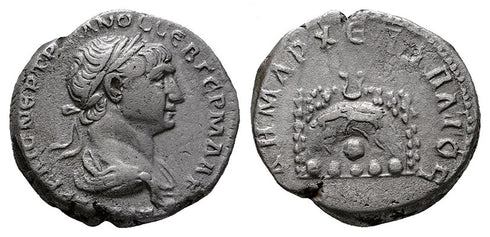 Ancient Roman silver coin of Trajan minted in Caesaria, Cappadocia