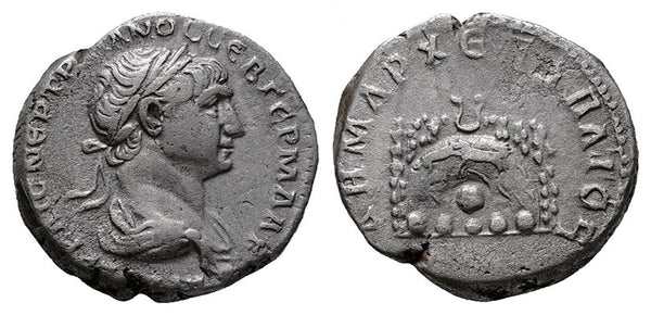 Ancient Roman silver coin of Trajan minted in Caesaria, Cappadocia