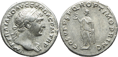 Roman silver coin of the Emperor Trajan - COS V PP SPQR OPTIMO PRINC