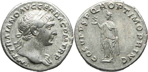 Roman silver coin of the Emperor Trajan - COS V PP SPQR OPTIMO PRINC