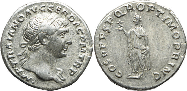 Roman silver coin of the Emperor Trajan - COS V PP SPQR OPTIMO PRINC