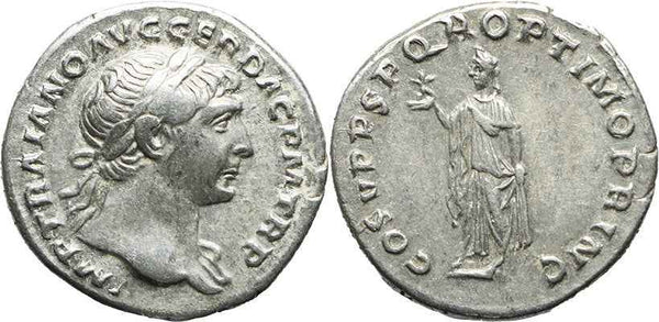 Roman silver coin of the Emperor Trajan - COS V PP SPQR OPTIMO PRINC