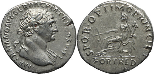 Roman silver coin of the Emperor Trajan - SPQR OPTIMO PRINCIPI - FORTRED
