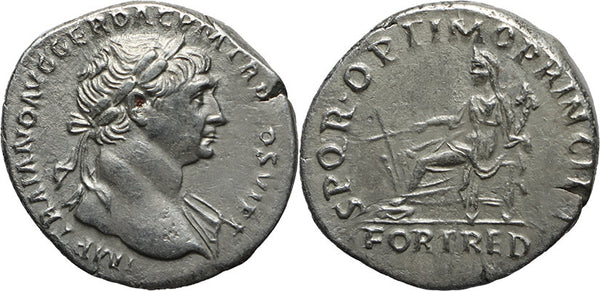 Roman silver coin of the Emperor Trajan - SPQR OPTIMO PRINCIPI - FORTRED