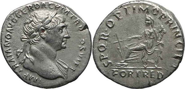 Roman silver coin of the Emperor Trajan - SPQR OPTIMO PRINCIPI - FORTRED