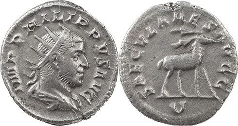 Ancient Roman coin of Philip I silver antoninianus - SAECVLARES AVGG / U