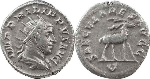 Ancient Roman coin of Philip I silver antoninianus - SAECVLARES AVGG / U