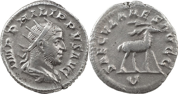 Ancient Roman coin of Philip I silver antoninianus - SAECVLARES AVGG / U