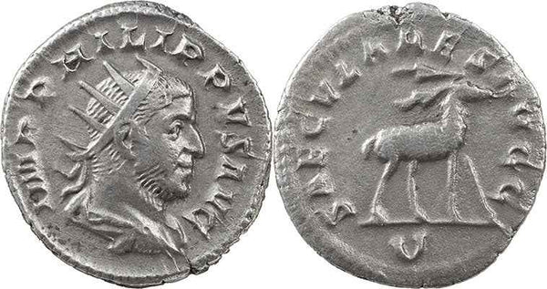 Ancient Roman coin of Philip I silver antoninianus - SAECVLARES AVGG / U