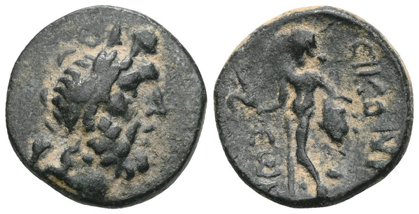 Ancient Greek coin of Lyaconia - Perseus holding medusas head - 1st century BC