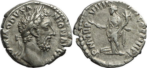 Ancient Roman coin of Commodus AR silver denarius - TR P VIIII (IMP ?) COS IIII P P