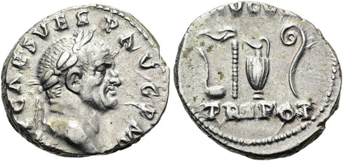 Ancient Roman coin of Vespasian AR silver denarius - AVGVR TRI POT