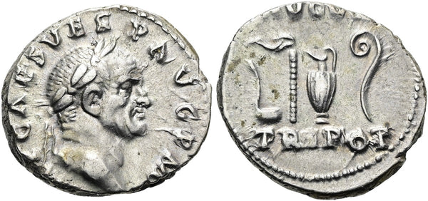 Ancient Roman coin of Vespasian AR silver denarius - AVGVR TRI POT