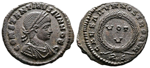 Ancient Roman coin of Constantine II Æ Follis- CAESARVM NOSTRORVM VOT V - Rome Mint